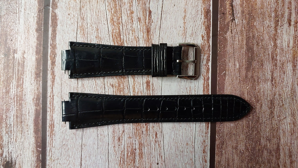 Black Crocodile Leather Custom Notched Strap For Geneve 5040D Watch VGreen