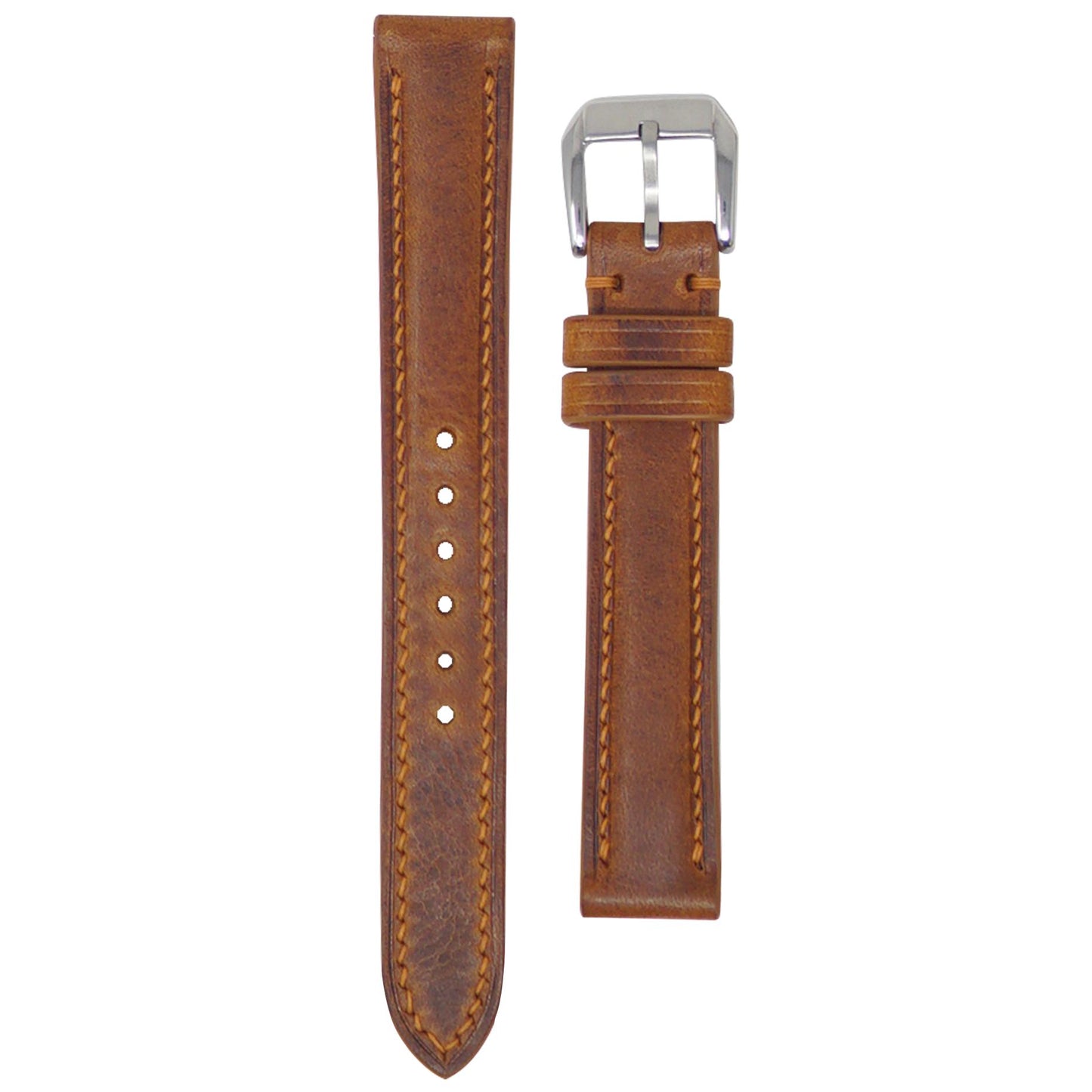 Cognac Badalassi Wax leather watch strap with matching stitching and silver buckle, flat lay.