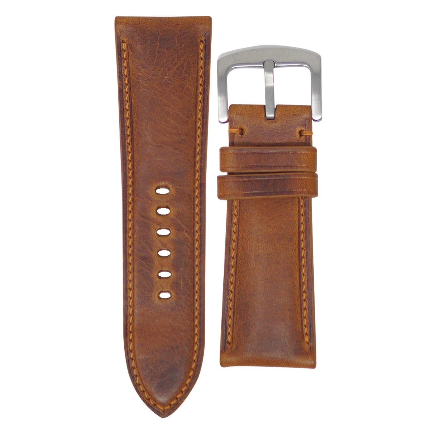 Cognac Badalassi Wax leather watch strap, 27mm, with light stitching and a brushed silver buckle, flat lay.