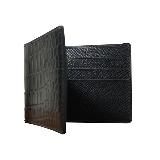 Horizontal Bifold Leather Wallet - Black Crocodile