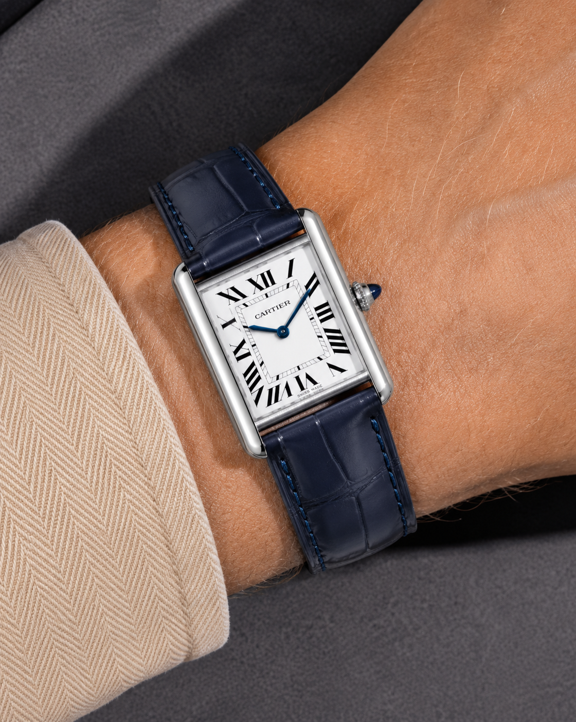 Cartier Tank Must with a navy blue crocodile leather strap by VGreen