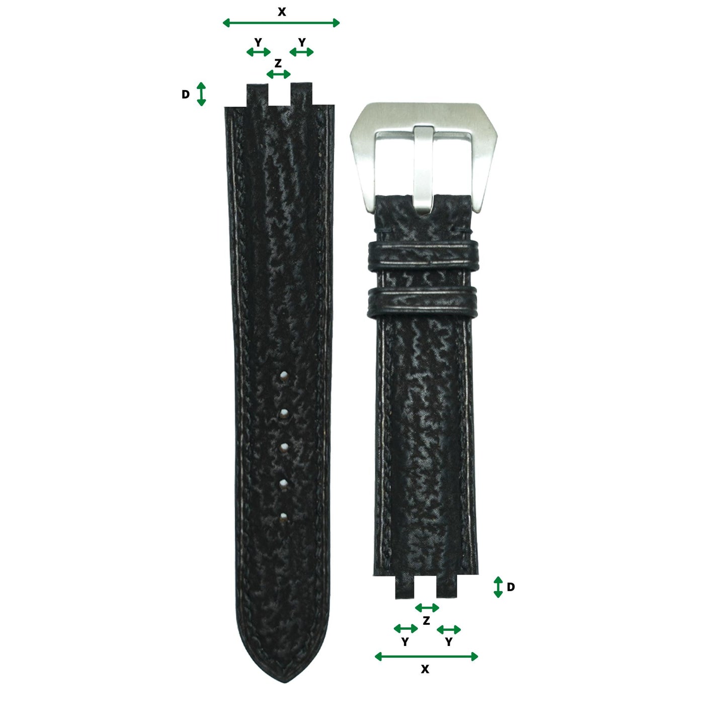 Black textured leather watch strap with multi-notches and a silver buckle, flat lay.
