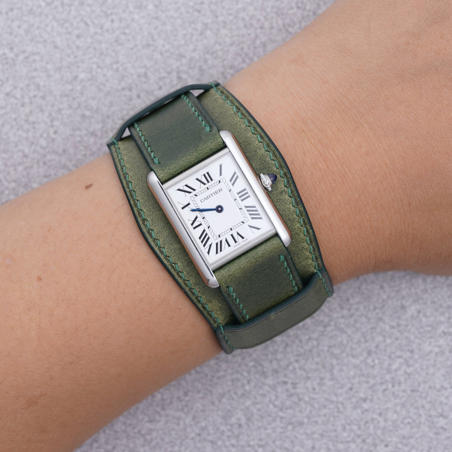 Cartier Tank Must with a green Buttero leather bund strap by VGreen