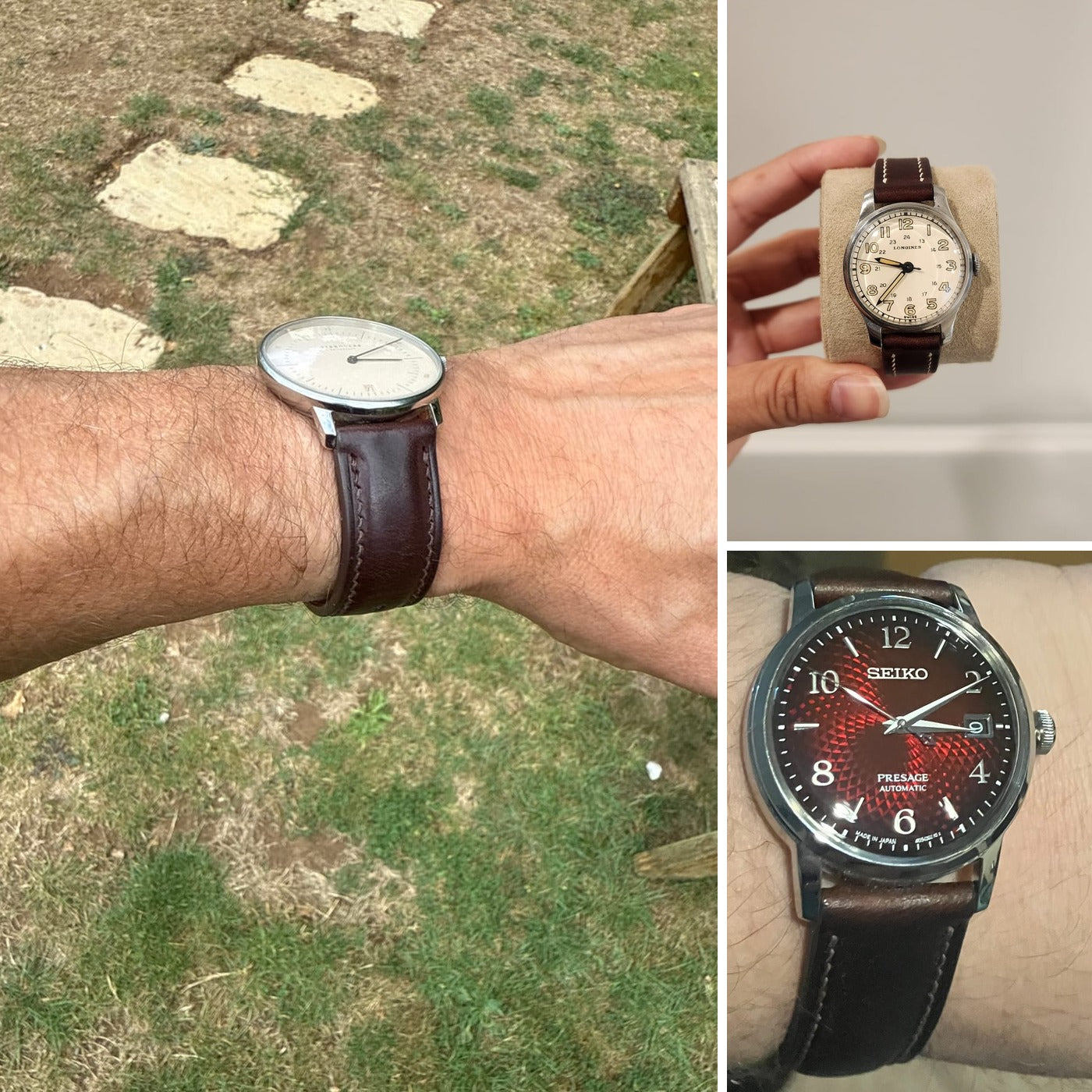 Three customer watches fitted with dark brown Badalassi Wax leather straps, showing colour and real-world fit.