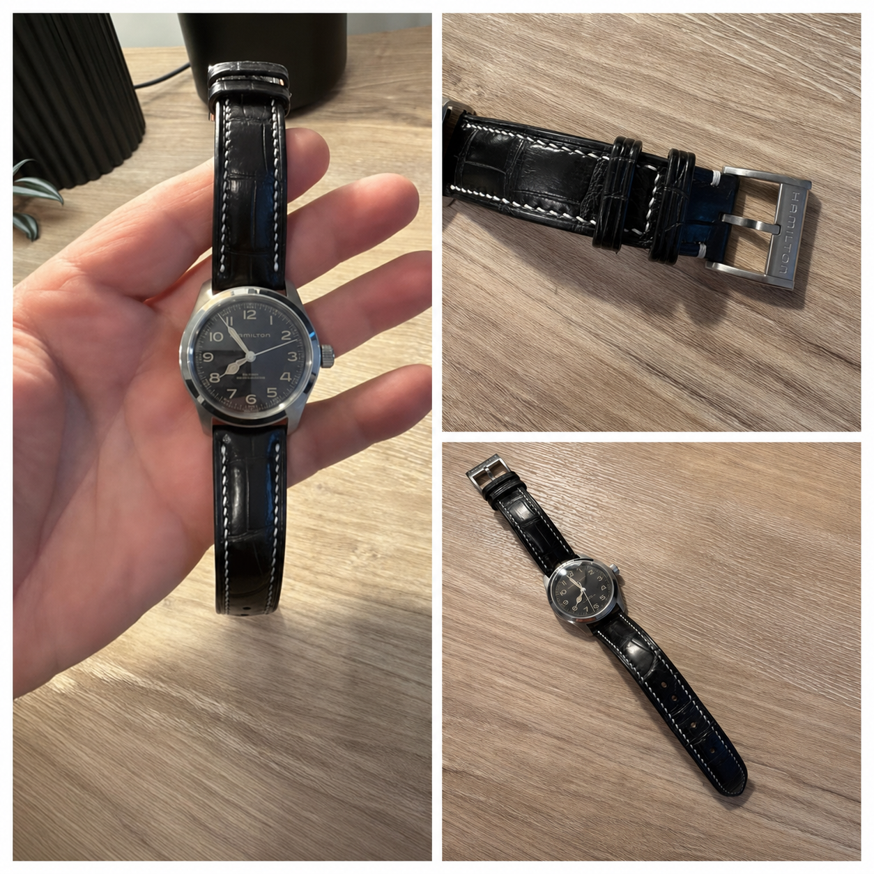 Black crocodile leather watch strap with white stitching fitted to a Hamilton Murph, with buckle and full-strap views.