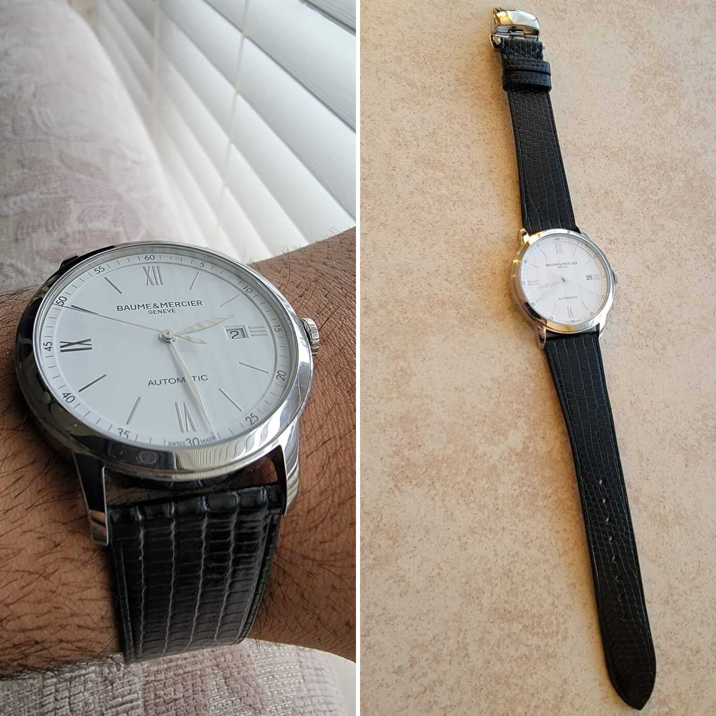 Black lizard leather watch strap fitted to a Baume & Mercier Classima, shown on wrist and full length in two customer photos.