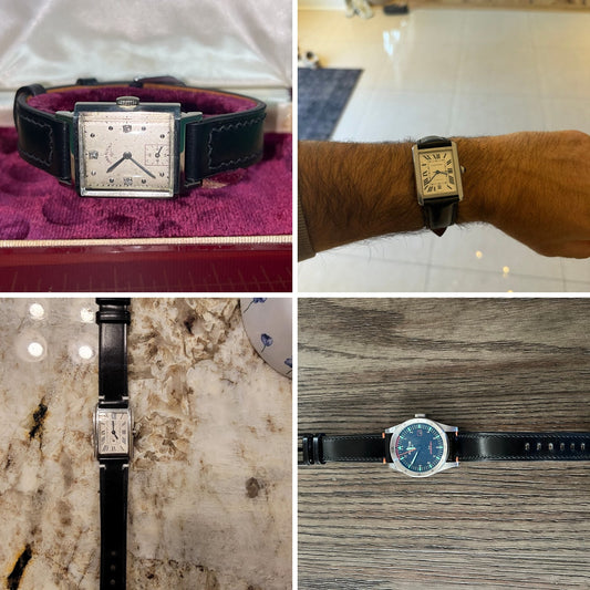Four customer watches fitted with black Shell Cordovan leather straps, showing dress-watch fit, polished grain and full strap length.