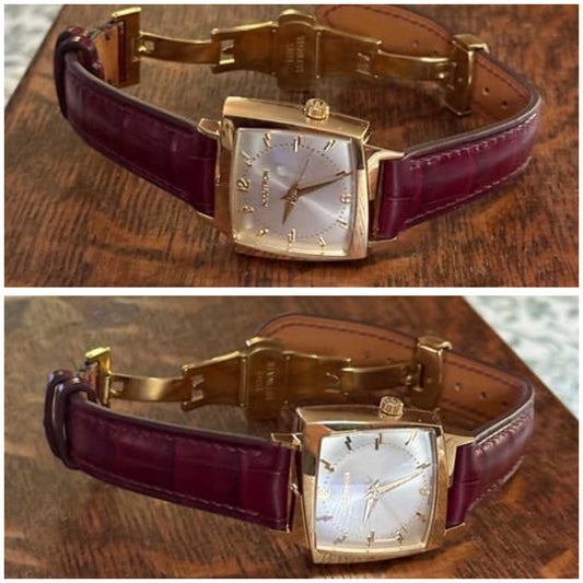 Two customer views of a burgundy crocodile leather watch strap fitted to an Accutron 521, showing the deployant clasp and full strap.