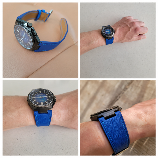Four customer views of a Citizen watch fitted with a custom blue centre-notched leather strap by VGreen