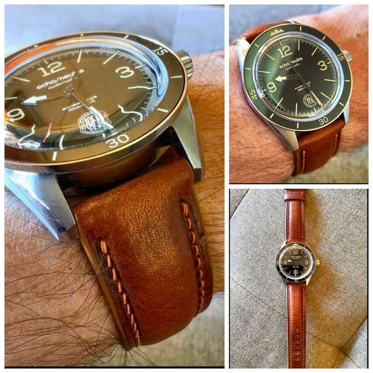 Three customer views of a cognac Badalassi wax leather watch strap, showing close-up grain, wrist fit and the full strap.