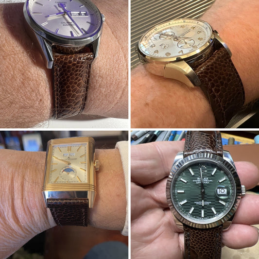 Four customer watches with dark brown ostrich leg leather straps, showing fitted grain on rectangular, dress and sport cases.