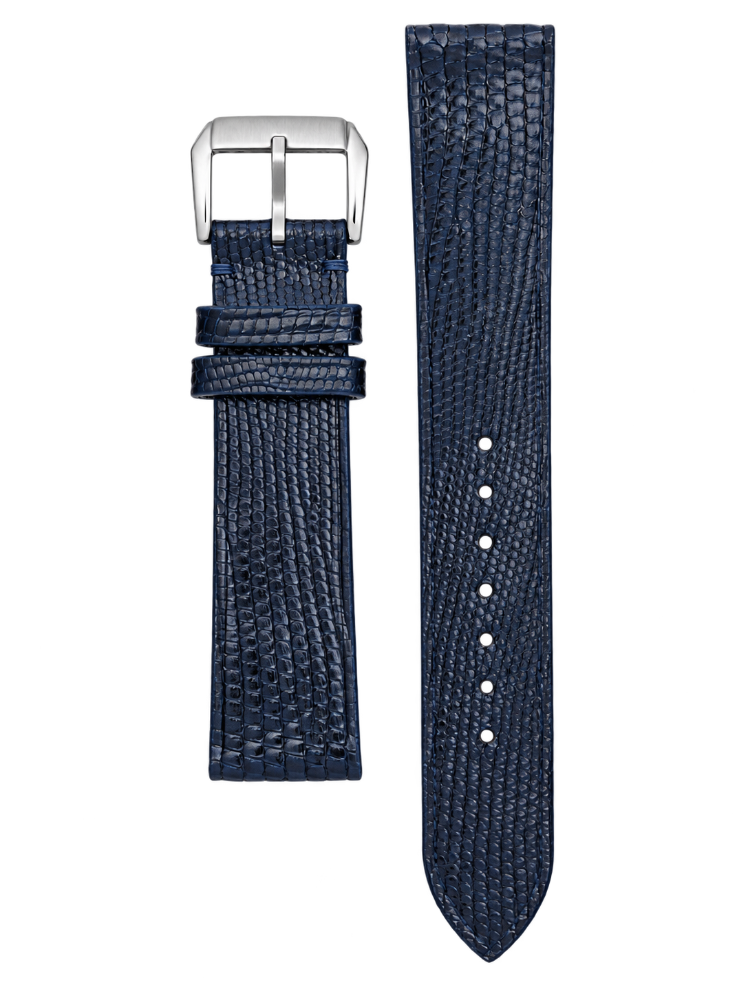 Dark navy lizard leather watch strap with matching navy stitching, two leather keepers and a silver-tone buckle, shown as two strap pieces.