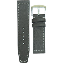 Load image into Gallery viewer, Gray Alran goat leather watch strap with white stitching and a silver buckle, flat lay.