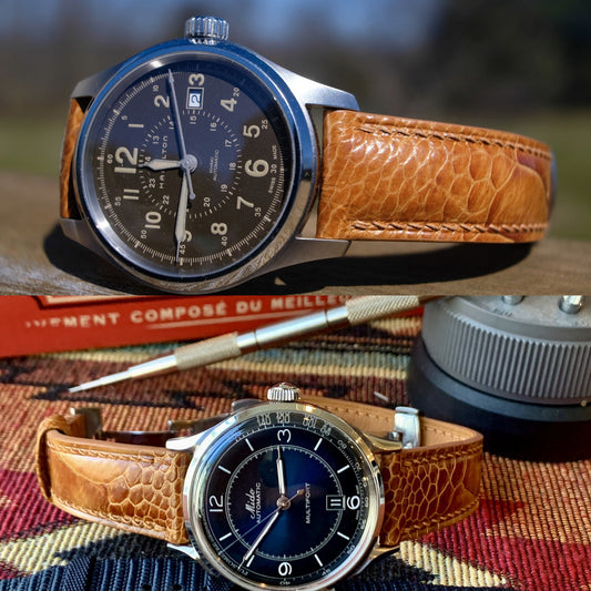 Customer photos showing the light brown ostrich leg leather watch strap on Hamilton and Mido watches
