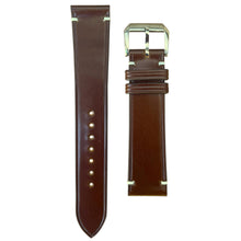 Load image into Gallery viewer, Cognac Shell Cordovan leather watch strap with white stitching and silver buckle, flat lay.