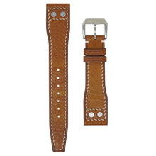 Load image into Gallery viewer, Brown leather watch strap with white stitching, two rivets, and a silver buckle, flat lay.
