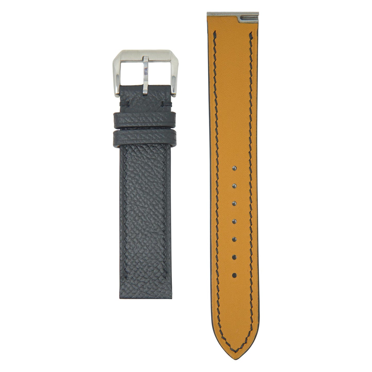 Flat lay of a dark grey Maya leather watch strap with a silver buckle and tan lining.