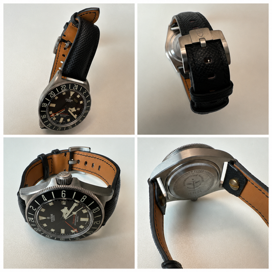 Four customer views of a Tudor Pelagos FXD GMT fitted with a custom black open-ended leather watch strap by VGreen