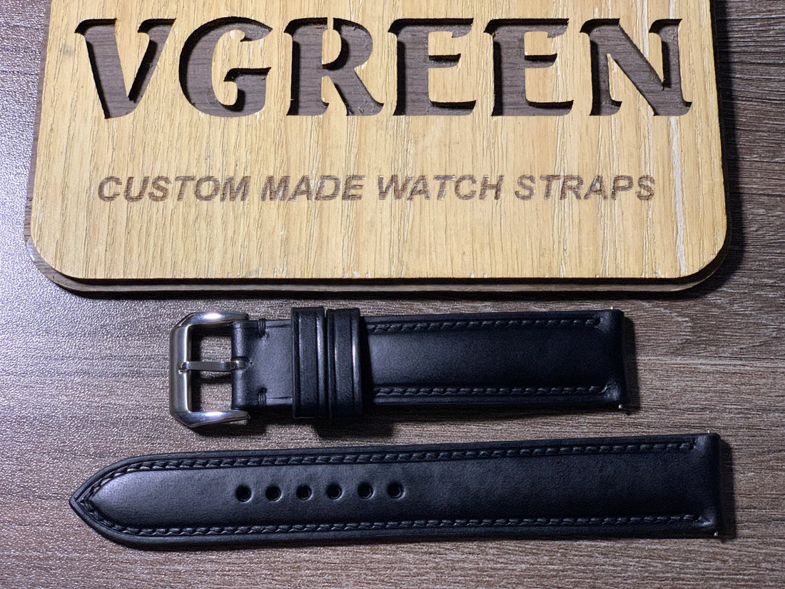Black Buttero strap for vintage Omega Seamaster Chronograph, full strap