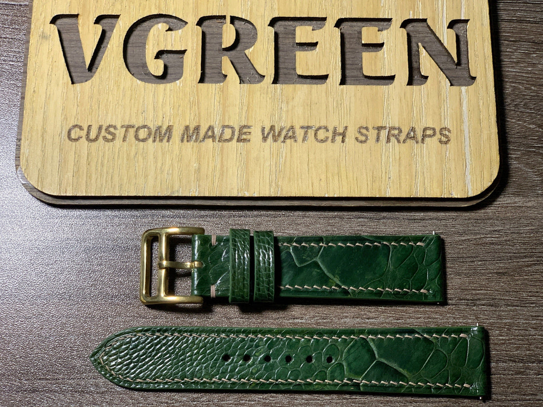 Moss green ostrich leg strap for a vintage Seiko Lassale, slim gold buckle