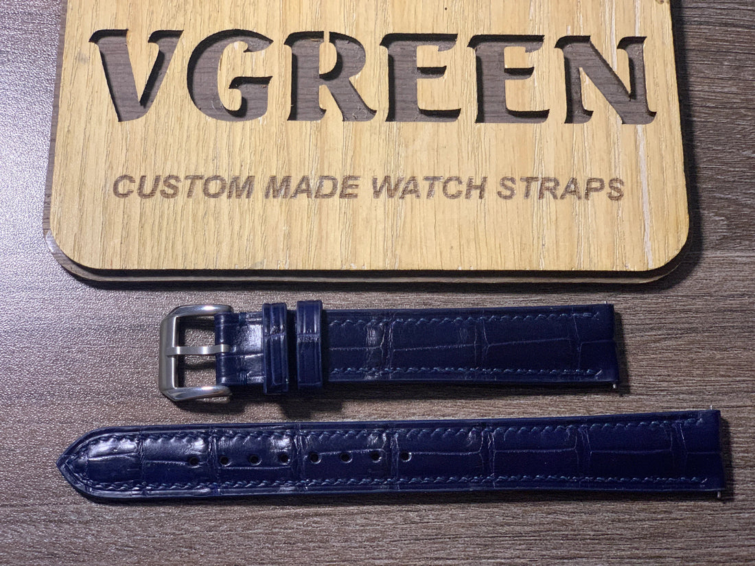 Dark blue crocodile watch strap for Omega Seamaster, full strap