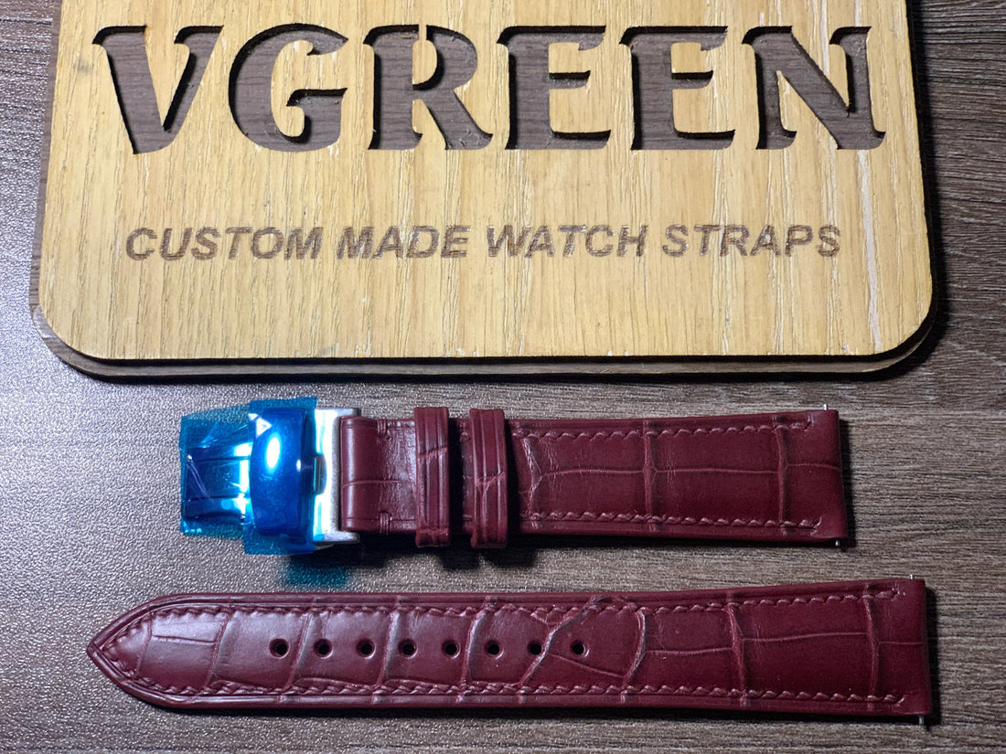 Burgundy crocodile watch strap for Junghans Meister Chronoscope, deployant clasp