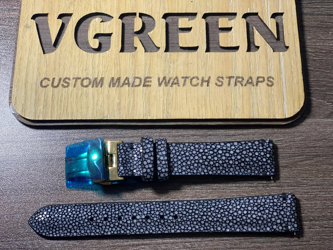 Black stingray watch strap for Zodiac Olympos mystery dial, gold deployant