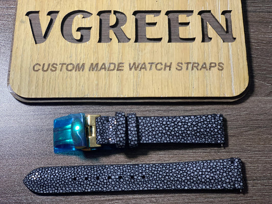 Black stingray watch strap for Zodiac Olympos mystery dial, gold deployant