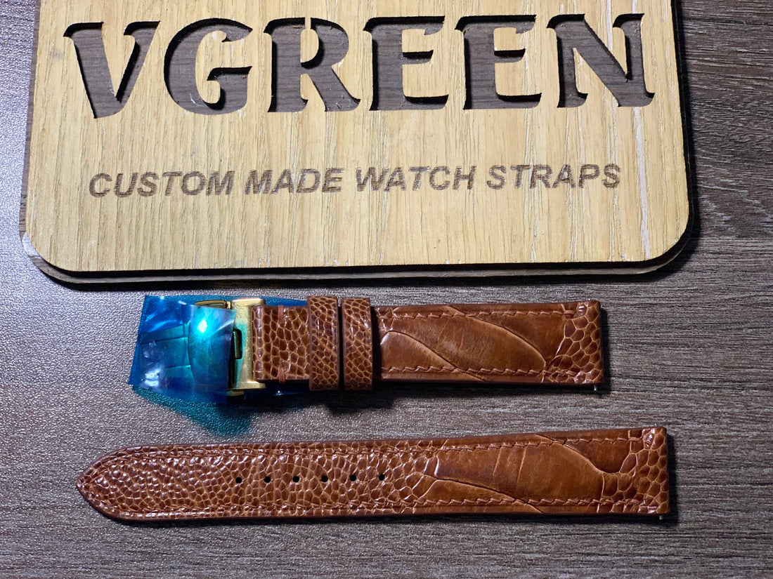 Rooibos ostrich leg watch strap for Bulova Accutron 2182, gold deployant
