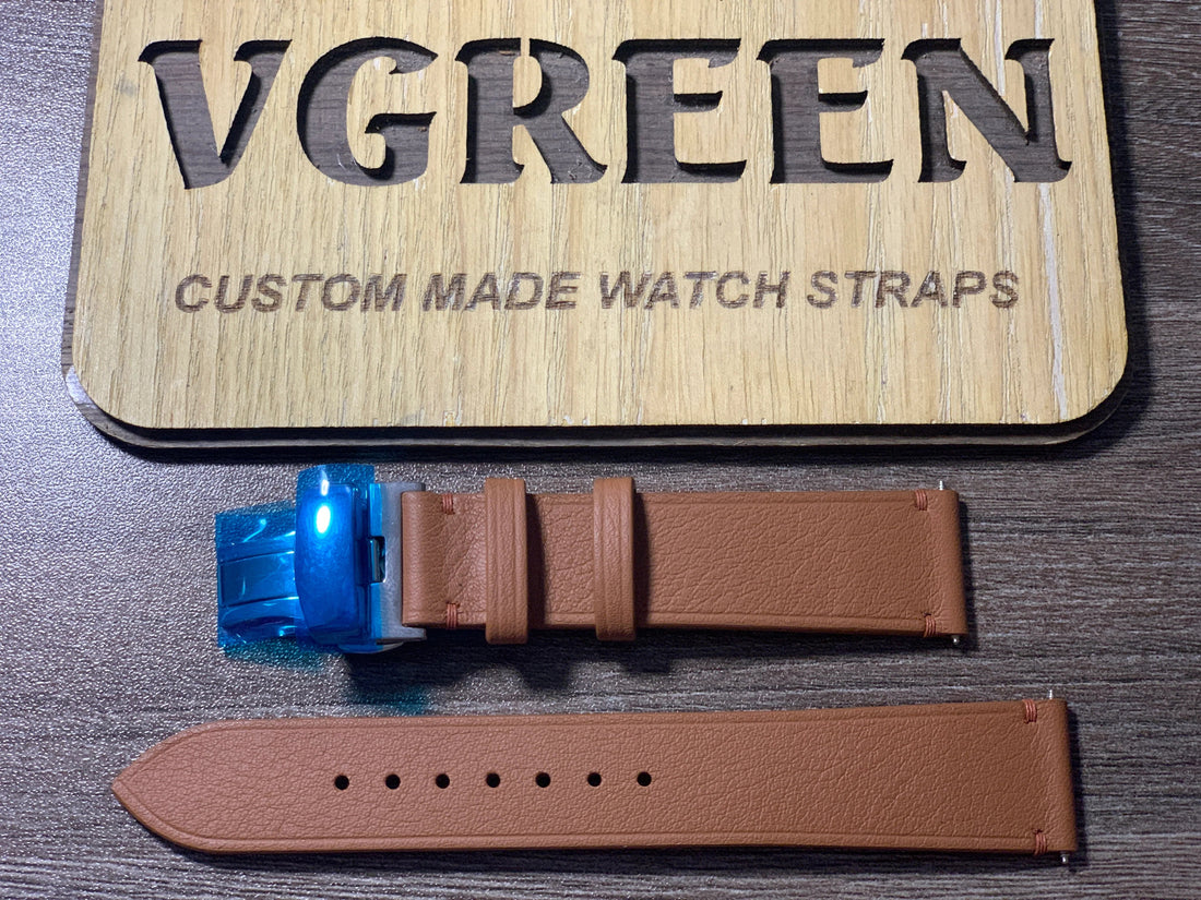 Brown Swift leather watch strap for Omega Railmaster, stainless deployant