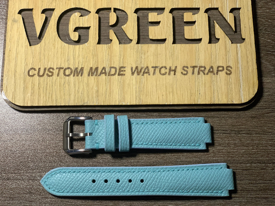 Corner-notched Tiffany-blue Epsom watch strap for a Cartier Ballon Bleu
