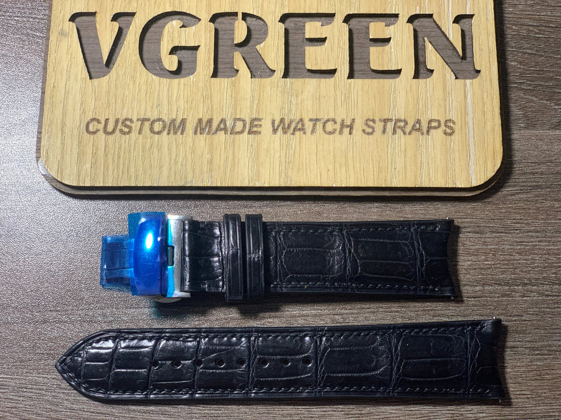 Black crocodile curved-end watch strap for a Breitling Super Avenger, deployant clasp