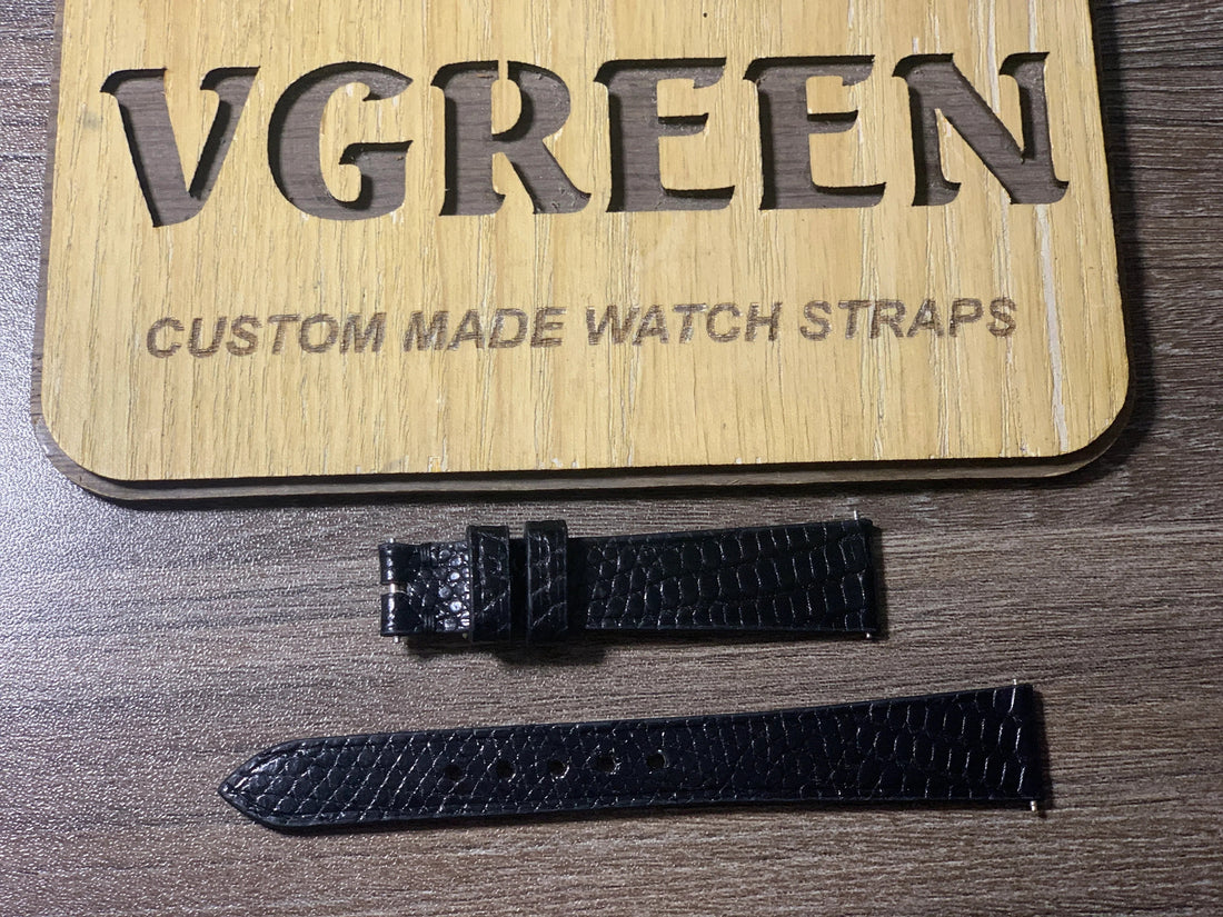 Black lizard watch strap for Hamilton Jazzmaster, slim dress profile