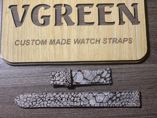 Gray ostrich leg watch strap for a Rolex Cellini, full strap
