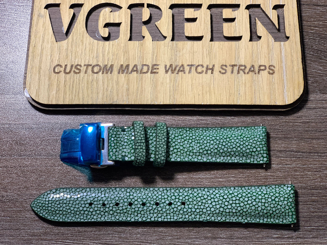 Green stingray watch strap for a Movado Kingmatic, steel deployant