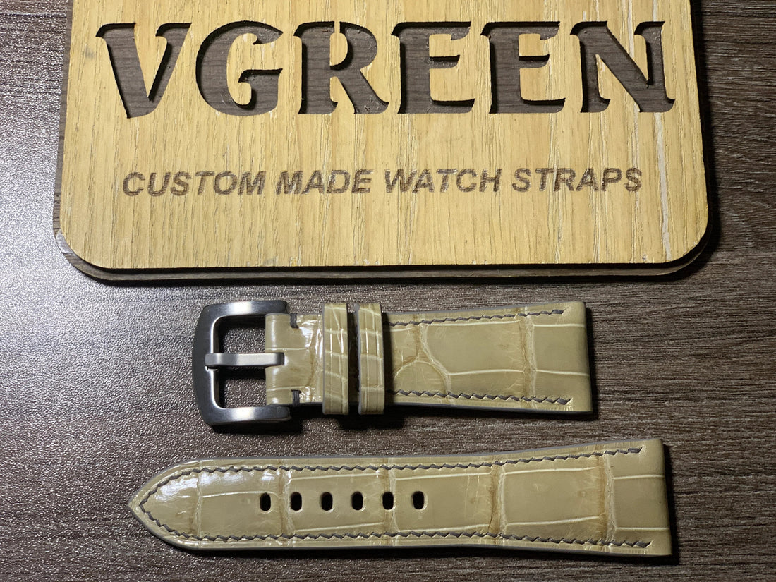 Gray crocodile watch strap for a Panerai Radiomir 45mm with dark gray stitching and a 20mm buckle