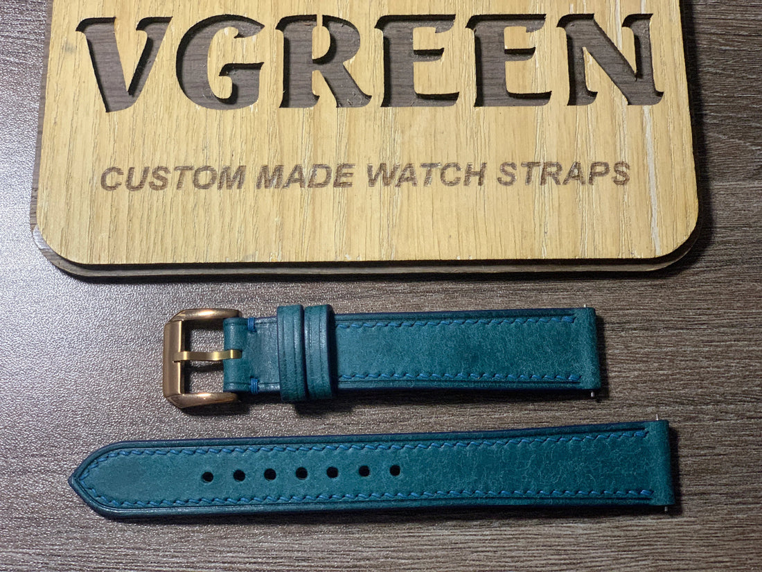 Turquoise Maya leather watch strap for a Tissot Seastar 38mm Chronograph with rose gold buckle