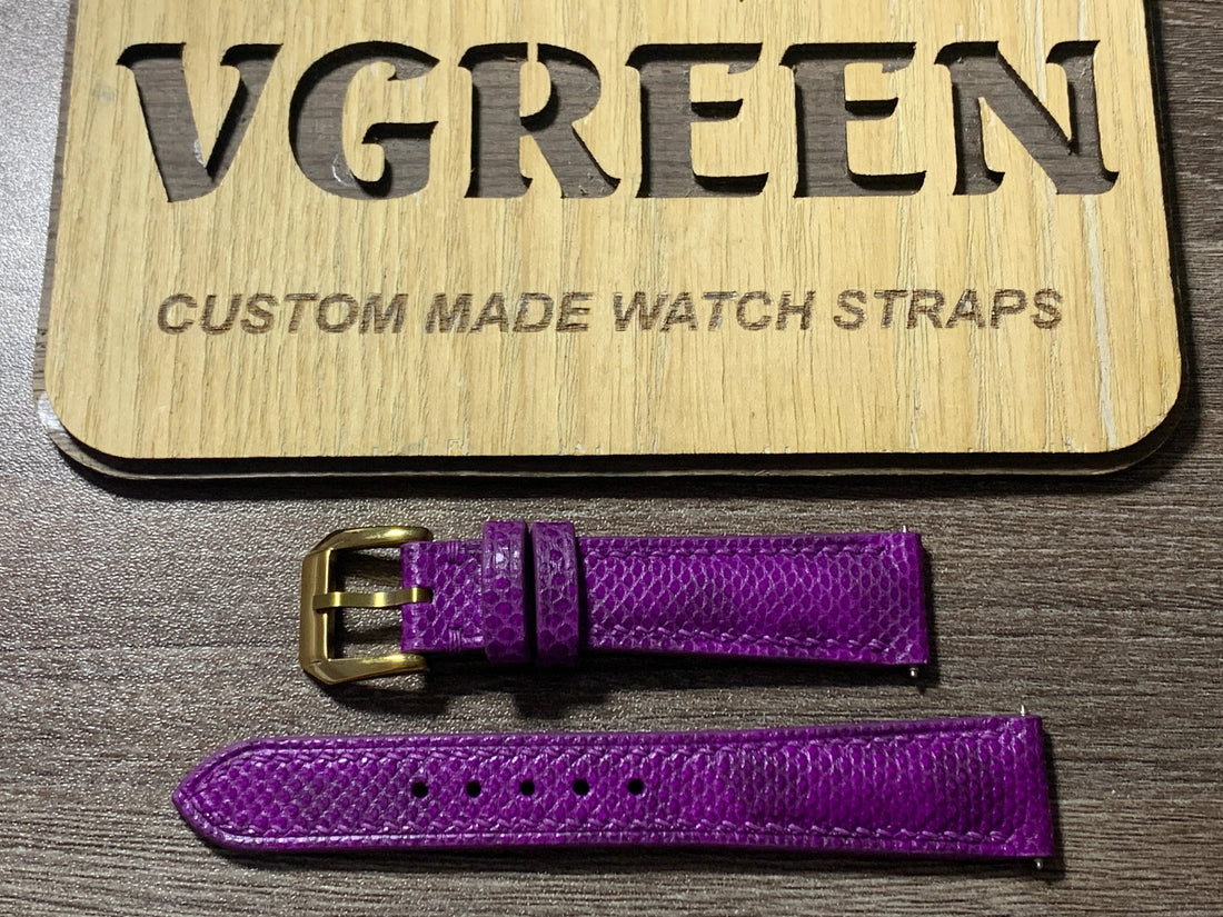 Purple karung snakeskin watch strap for a Cartier Tank with gold buckle