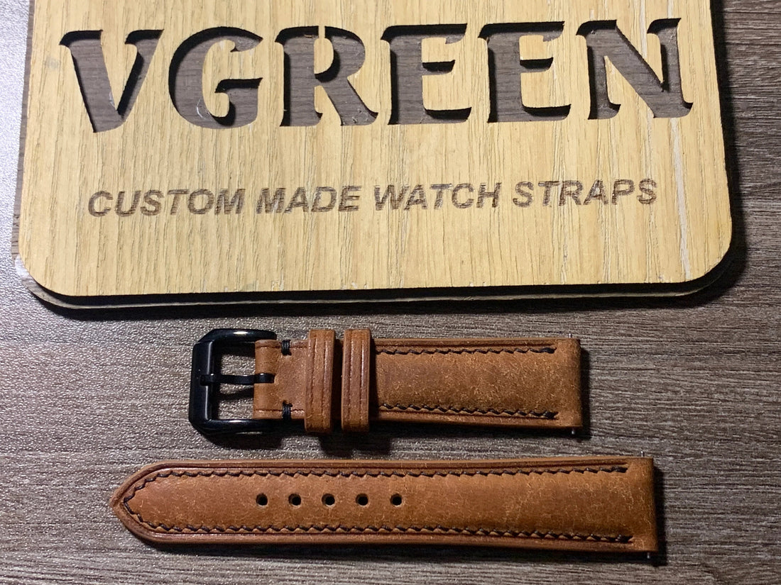 Whisky Maya leather watch strap for a Timex Expedition North Solar with black stitching and quick-release bars