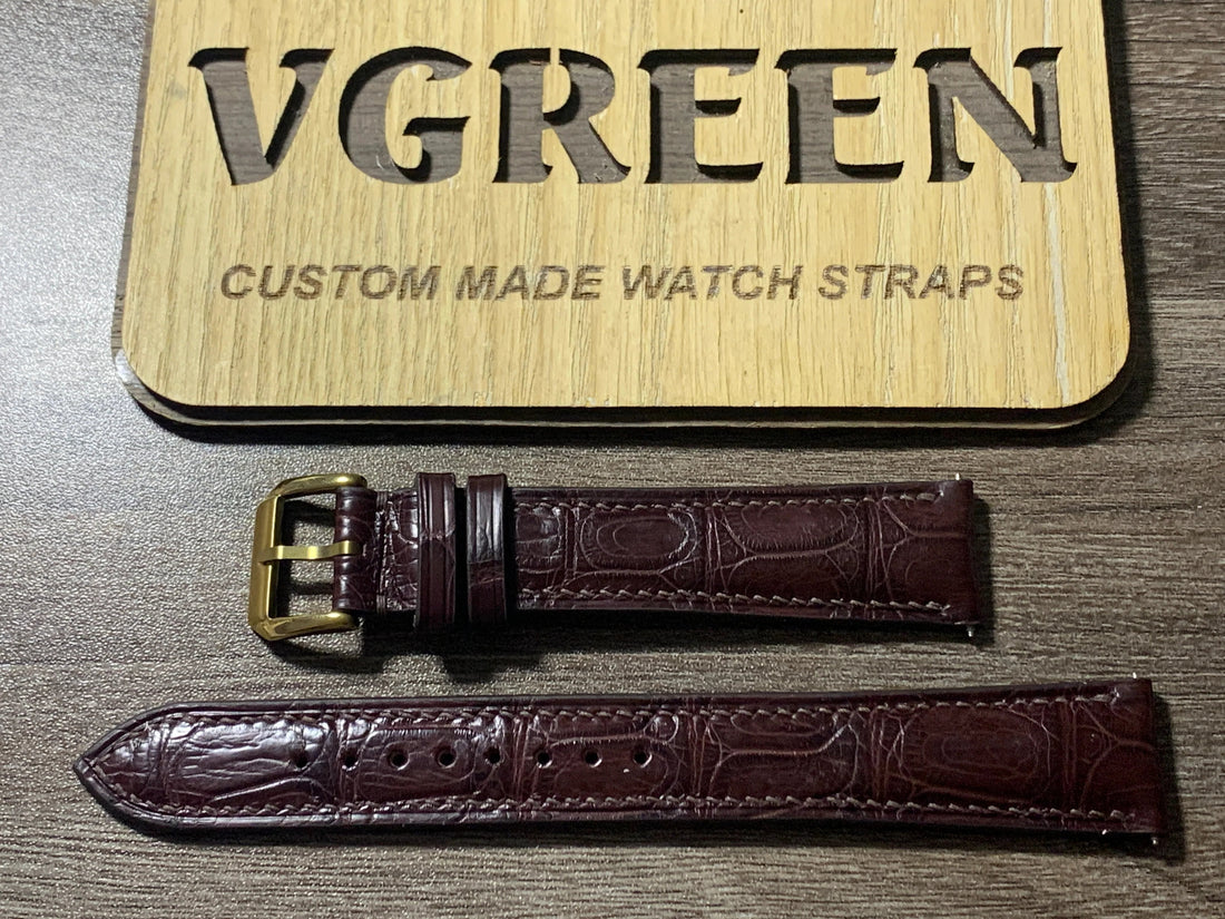 Extra-long brown crocodile watch strap for a Movado Heritage Calendoplan Chronograph with a gold buckle