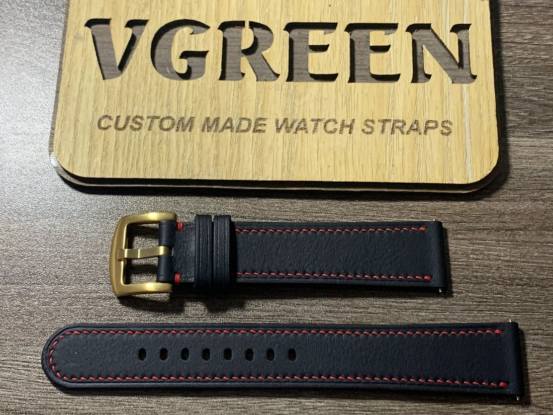 Black Swift extra-long leather watch strap for Citizen BM6992 Eco-Drive, red stitching