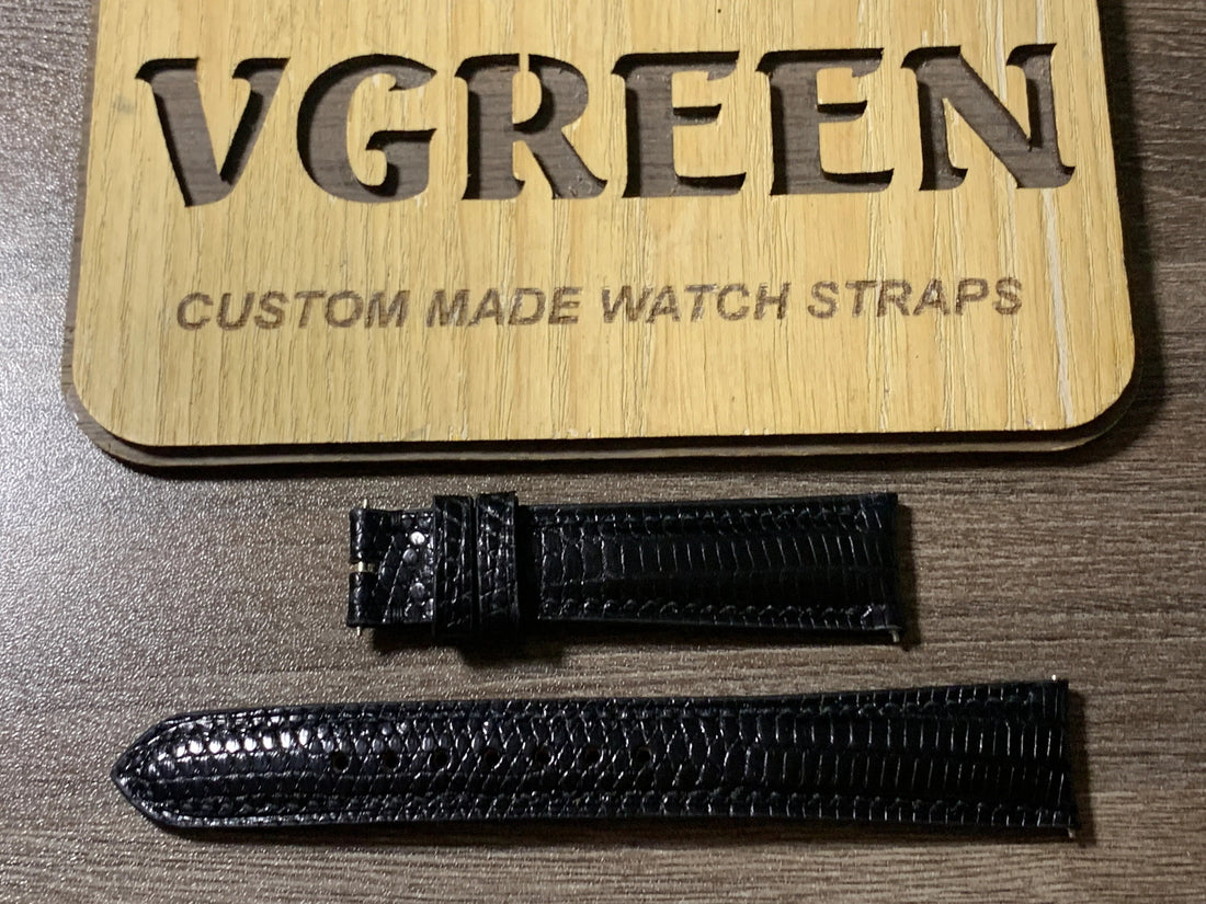Black lizard curved-end watch strap for vintage Omega Constellation 168.019
