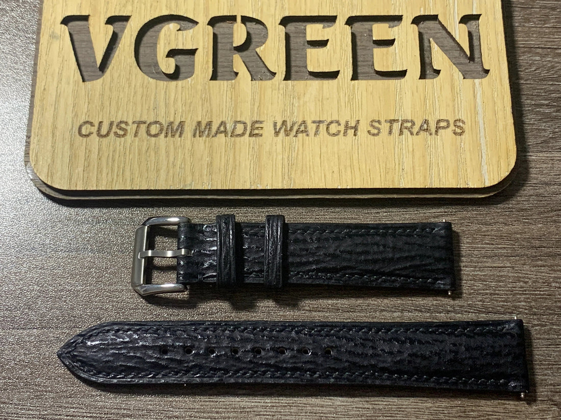 Black sharkskin watch strap for Zodiac Super Sea Wolf Pro, steel buckle