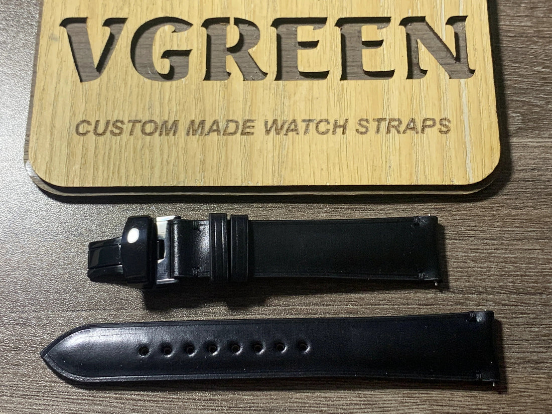 Black shell cordovan watch strap for Longines Avigation Big Eye Chronograph, deployant clasp
