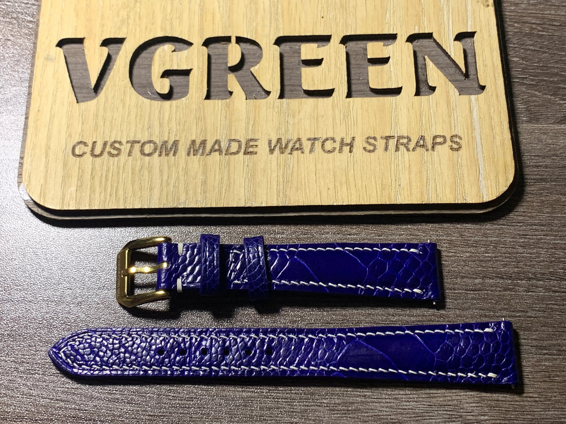 Blue ostrich leg watch strap for Ulysse Nardin, gold buckle