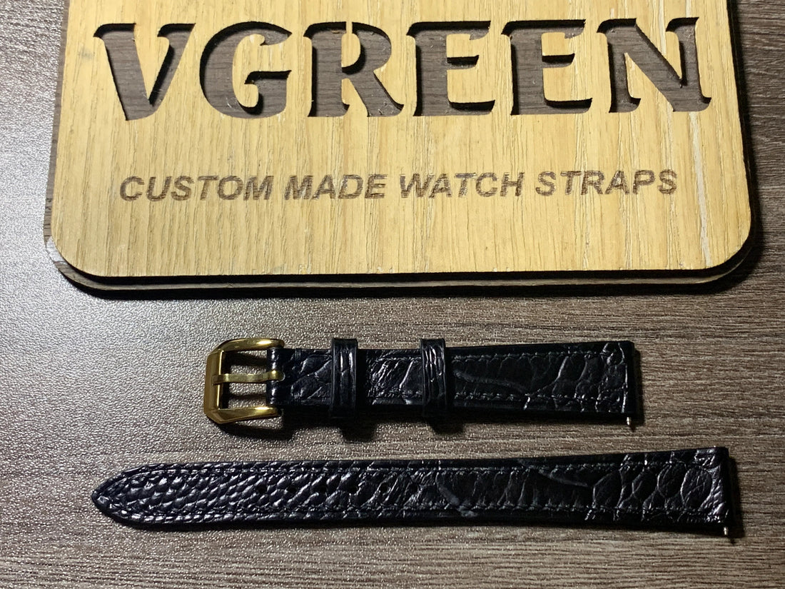 Black ostrich leg watch strap for a vintage 1950 Bulova, flat profile