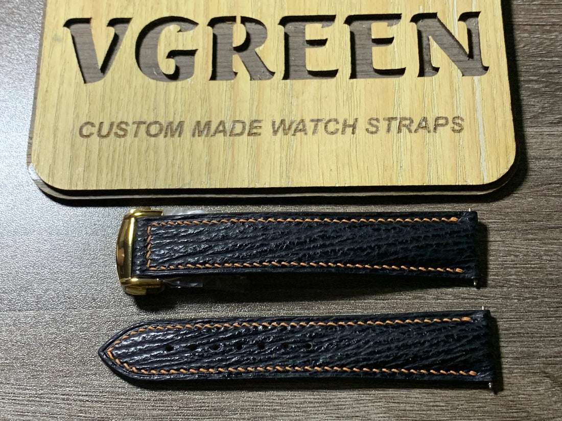 Black sharkskin watch strap for Yema Superman Bronze, golden brown side stitch