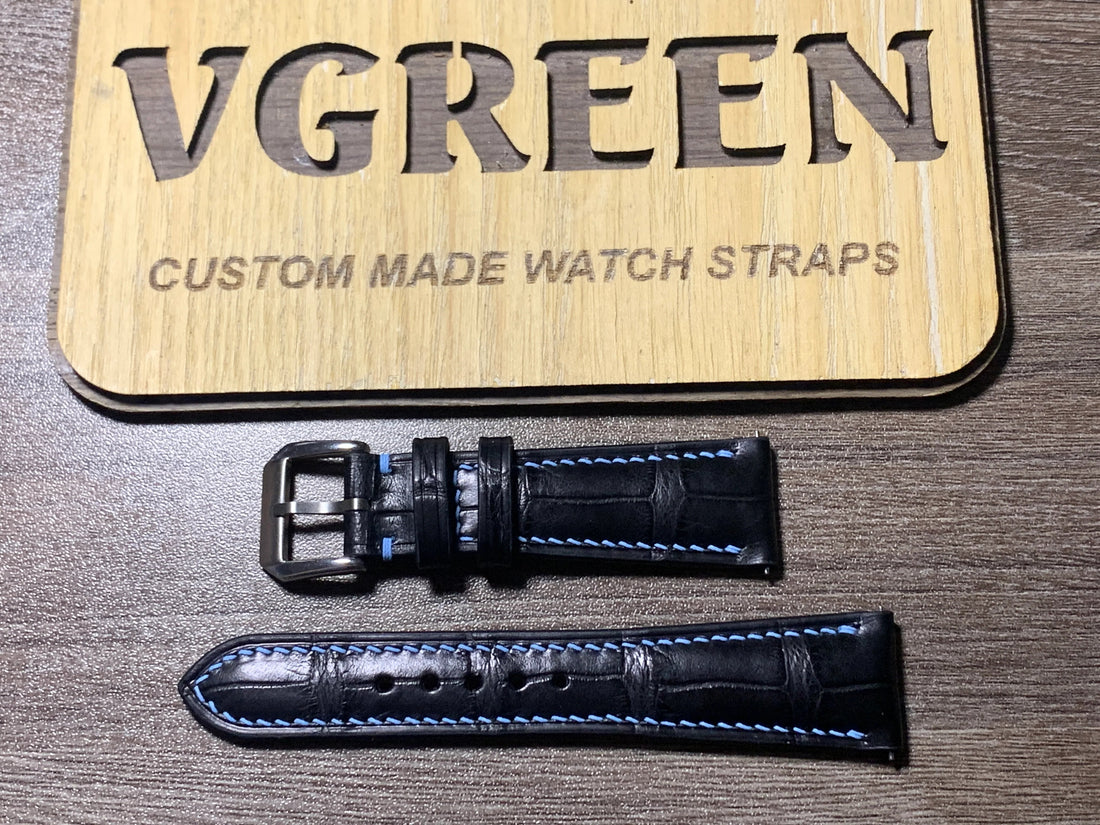 Black crocodile watch strap for Kurono Tokyo, powder blue stitching