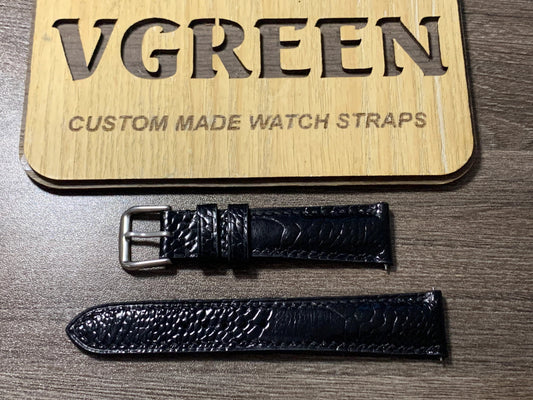 Black ostrich leg watch strap for Kurono Tokyo, side stitching