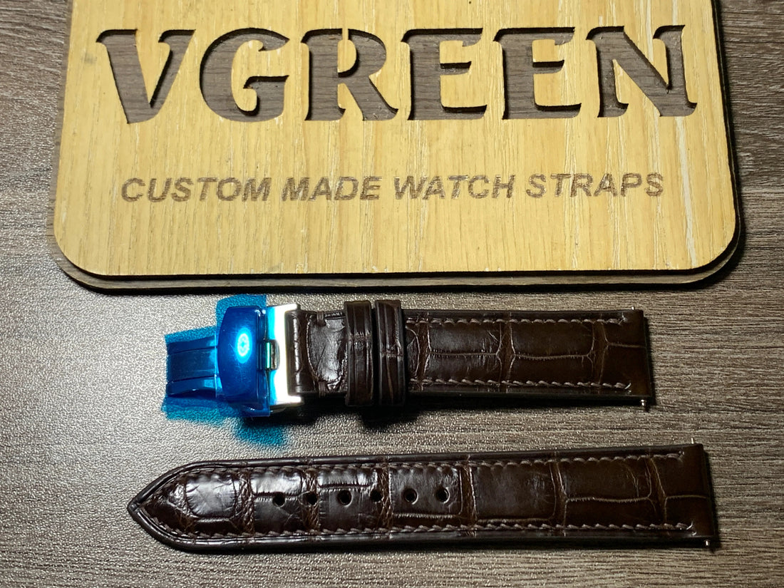 Brown crocodile watch strap for Tudor Black Bay 36, stainless deployant, side stitch